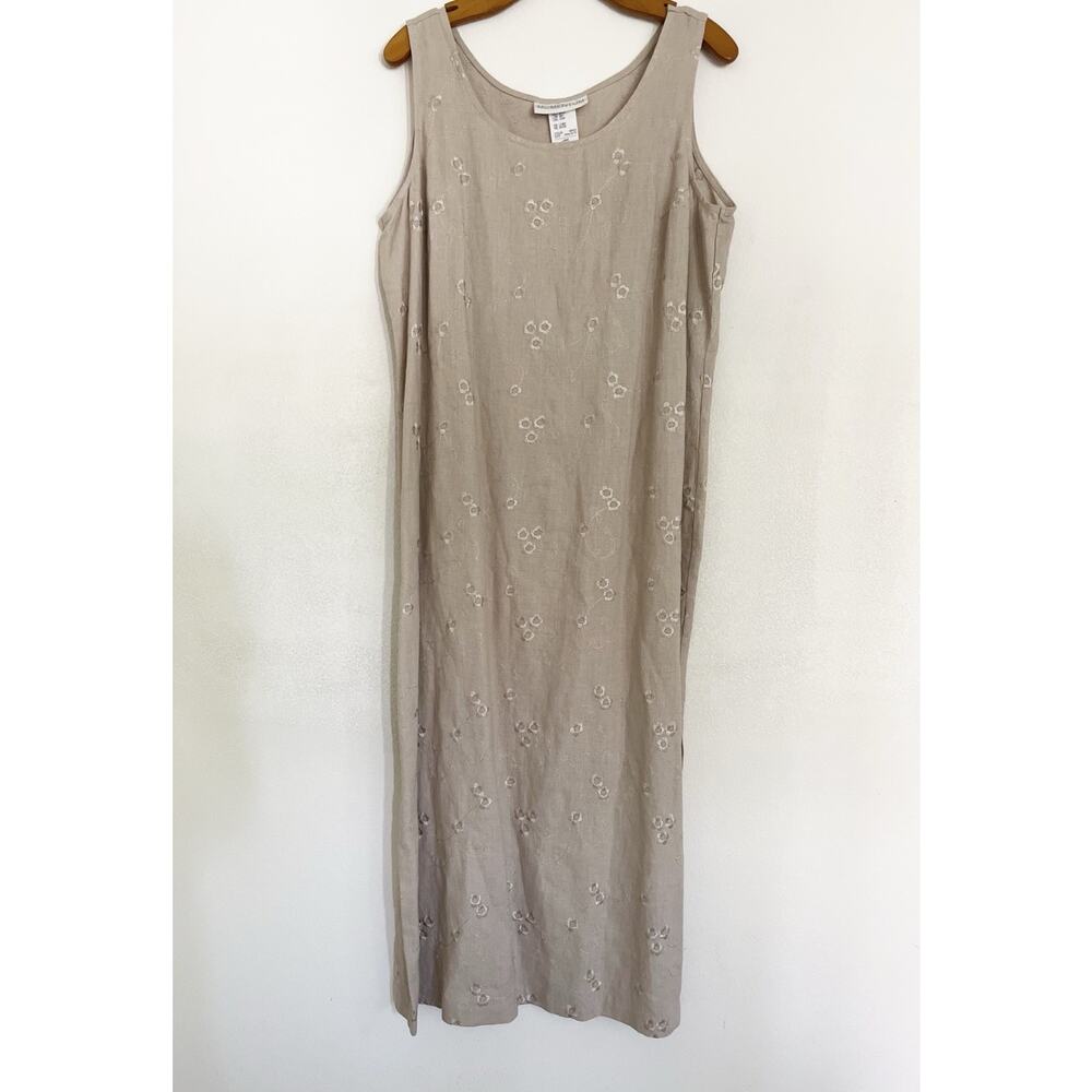 Momentum Linen Blend Dress L Tan Floral Embroidered Maxi Slit Side Beach Neutral